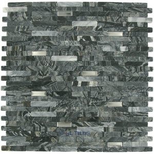 Distinctive Glass - Marble Mosaic 11 1/4" x 12" Mesh Backed Sheet in Black Marble Mosaic with Stainless Steel