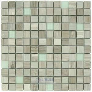 Distinctive Glass - Marble Mosaic 11 3/4" x 11 3/4" Mesh Backed Sheet in Gray Marble and Light Green Glossy and Matte Glass