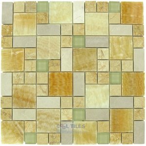 Distinctive Glass - Marble Mosaic 11 5/8" x 11 5/8" Mesh Backed Sheet in Onyx Marble and Light Green Glossy Glass