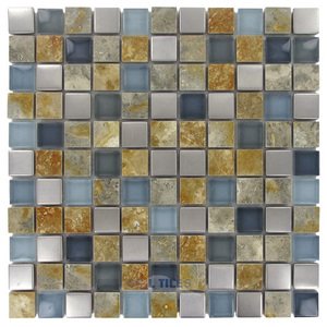 Illusion Glass Tile - 1" x 1" Stone, Glass & Metal Mosaic Tile in Tropical Breeze