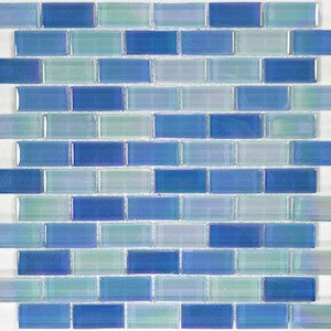 Aqua Mosaics - 1" x 2" Brick Crystal Iridescent Mosaic in Sky Blue Blend