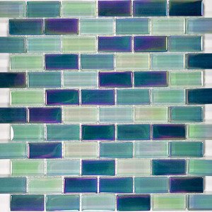 Aqua Mosaics - 1" x 2" Brick Crystal Iridescent Mosaic in Sea Green Blend