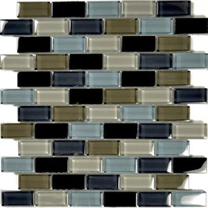 Aqua Mosaics - 1" x 2" Brick Crystal Mosaic in Black Charcoal Gray Taupe Blend