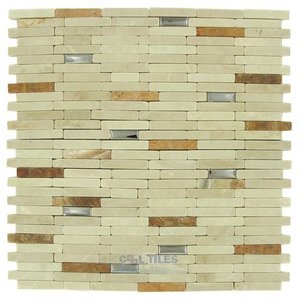 Distinctive Glass - Marble Mosaic 11 1/4" x 12" Mesh Backed Sheet in Beige Marble Mosaic with Stainless Steel