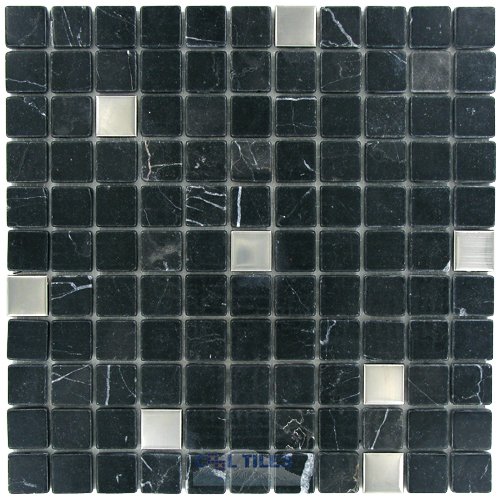 Marble Mosaic Black and Stainless Steel Squares 12" x 12" Mesh Backed Sheet