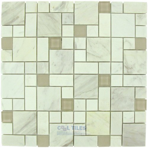 Marble Mosaic 11 5/8" x 11 5/8" Mesh Backed Sheet in White Marble and White Glossy and Matte Glass