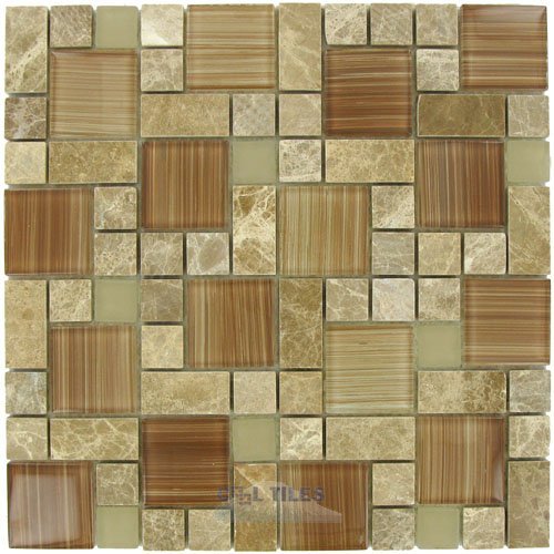 Marble Mosaic 11 5/8" x 11 5/8" Mesh Backed Sheet in Brown Marble and Brown Glossy and Frosted Glass