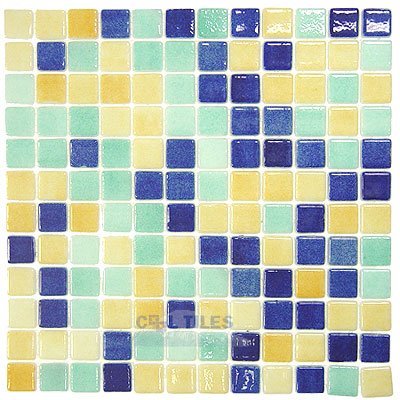Recycled Glass Tile Mesh Backed Sheet in Fog Caribbean Green/ Fog Orange/ Fog Navy Blue