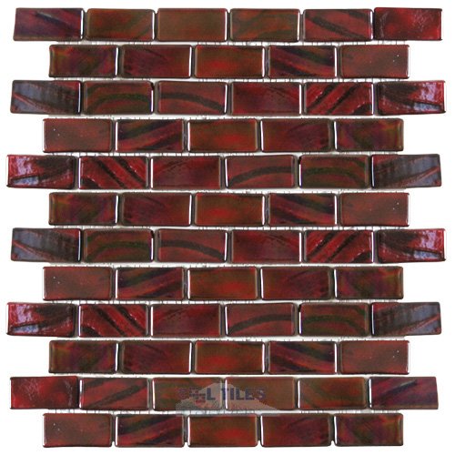 1" x 2" Recycled Glass Tile on 12 1/2" x 12 1/2" Mesh Backed Sheet in Brushed Black / Red Iridescent