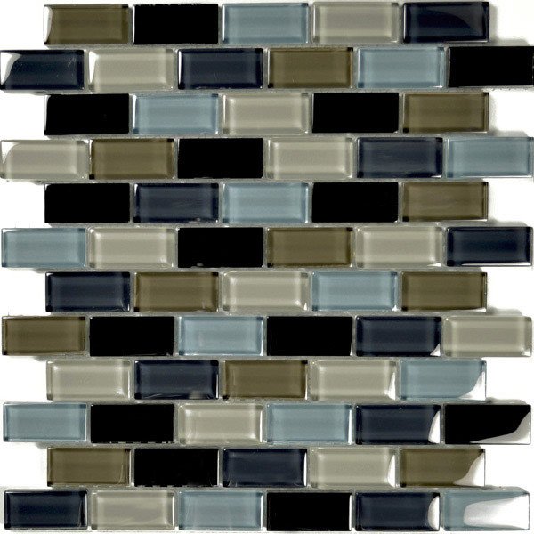 1" x 2" Brick Crystal Mosaic in Black Charcoal Gray Taupe Blend