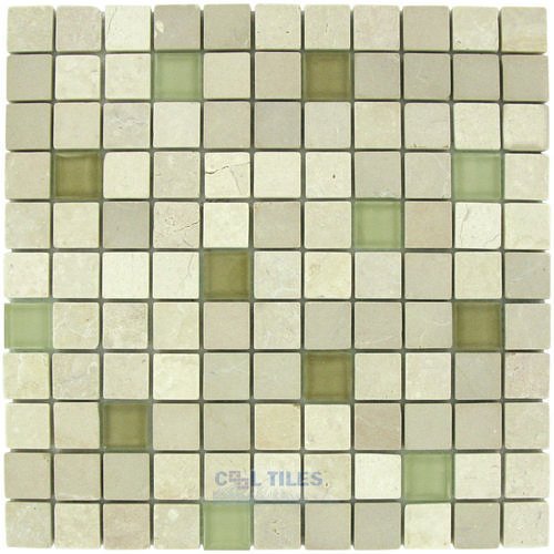 Marble Mosaic 11 5/8" x 11 5/8" Mesh Backed Sheet in Tumbled Marble with Clear Green Glass
