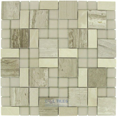 Marble Mosaic 11 5/8" x 11 5/8" Mesh Backed Sheet in Gray Marble and White Glossy and Matte Glass