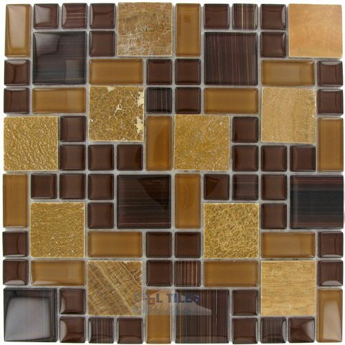 Marble Mosaic 11 5/8" x 11 5/8" Mesh Backed Sheet in Brown Marble and Chocolate Glossy Glass