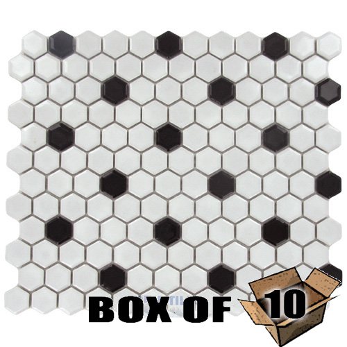 1" Hexagon Porcelain Mosaic Tile in White with Black Dott