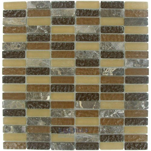 5/8" x 1 7/8" Straight Set Glass and Stone Mosaic Tile in Emperador Rain