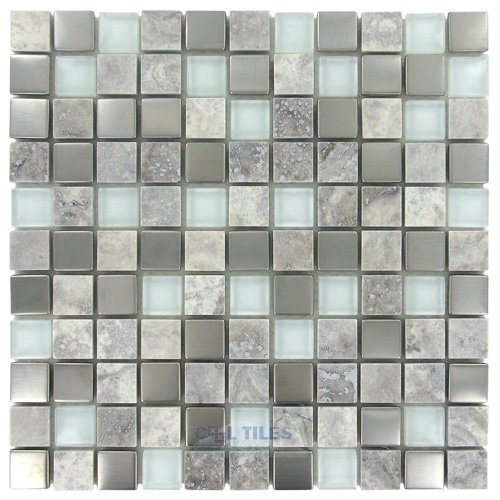 1" x 1" Stone, Glass & Metal Mosaic Tile in Silver Lining