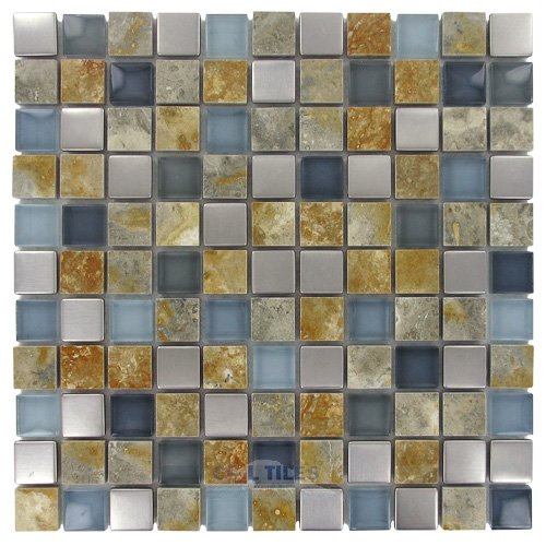 1" x 1" Stone, Glass & Metal Mosaic Tile in Tropical Breeze